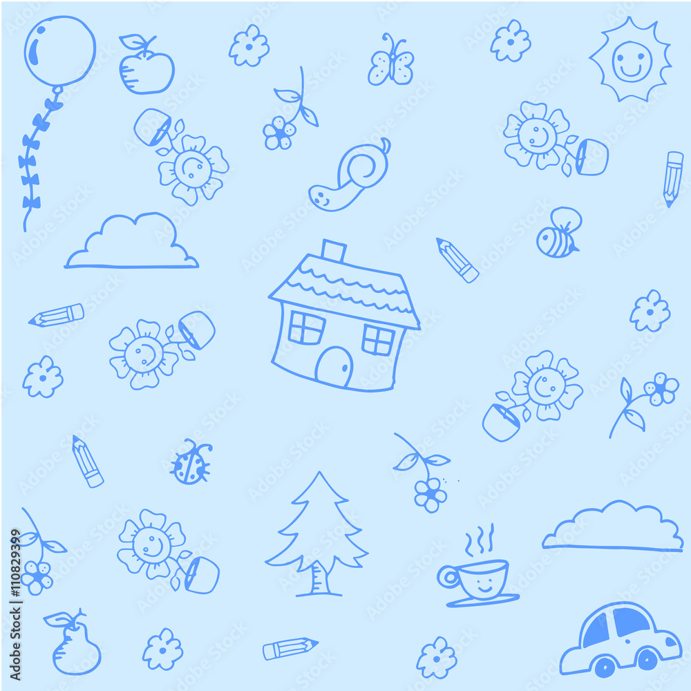 House doodle art with blue backgrounds