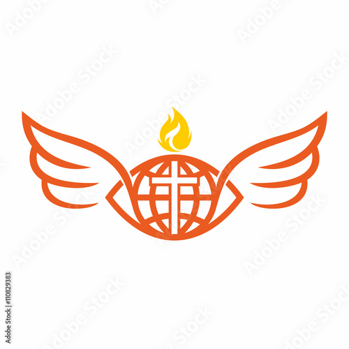 Church logo. Globe and world cross of Jesus Christ, the flame of the Holy Spirit, and angel wings.