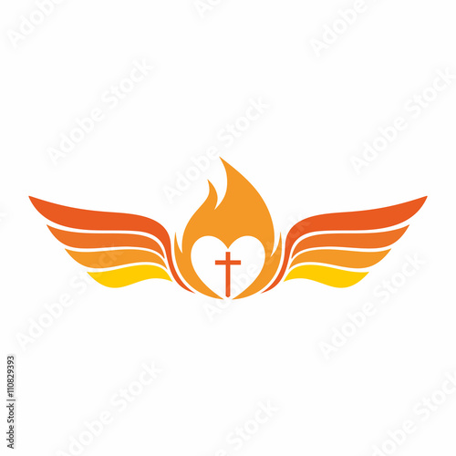 Church logo. The cross of Jesus Christ, the flame of the Holy Spirit, and angel wings.