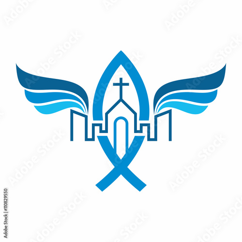Church logo. The unity of the Church in Christ, city and angel's wings.
