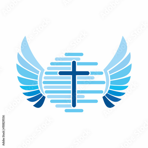 Church logo. The cross of Jesus Christ, and the world globe, angel wings.