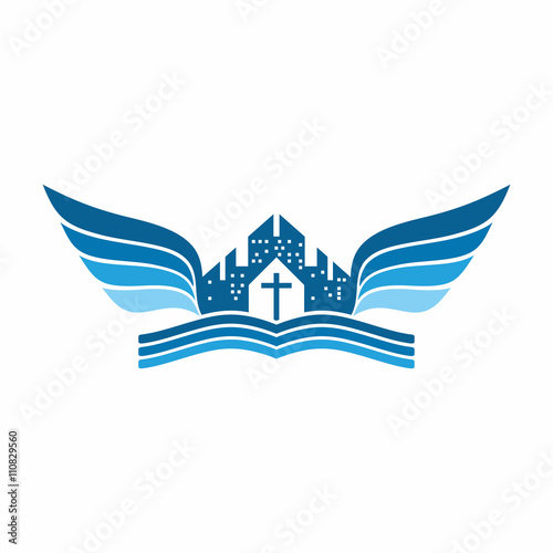 Church logo. The unity of the Church in Christ, city and angel's wings.