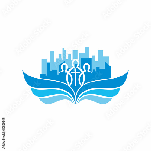 Church logo. The unity of the Church in Christ, city and angel's wings.