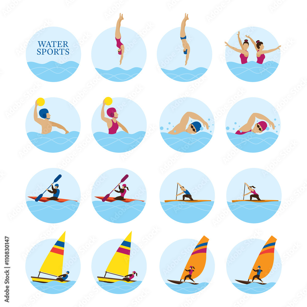 Φωτογραφία Sports Athletes, Water Sports Icons Set, Athletics, Games, Action, Exercise