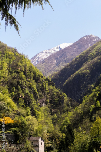 High wooded mountains with snow caps.