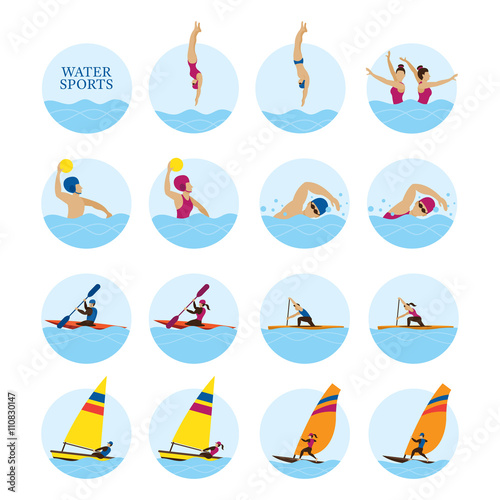 Sports Athletes, Water Sports Icons Set, Athletics, Games, Action, Exercise