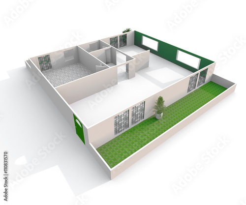 3d interior rendering oblique view of empty paper model home apartment with green balcony: room, bathroom, bedroom, kitchen, living-room, hall, entrance, door, window, balcony