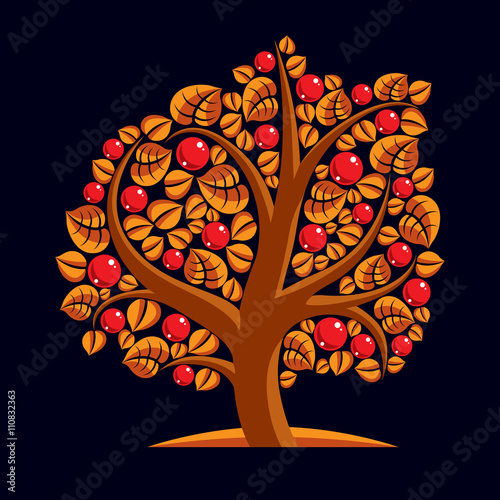 Tree with ripe apples, harvest season theme illustration. Fruits