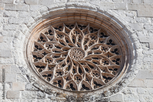 The Rose Window of Santo Agostinho da Graca church is the largest carved of a single stone slab in Portugal. 14th and 15th century Mendicant and Flamboyant Gothic Architecture. Santarem, Portugal.
