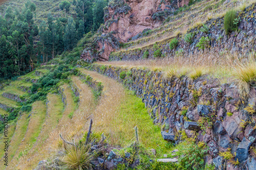 Ancient Inca's agricultural terraces near Pisac village, Peru