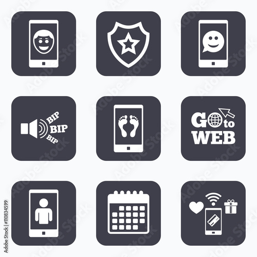 Selfie smile face icon. Smartphone video call.