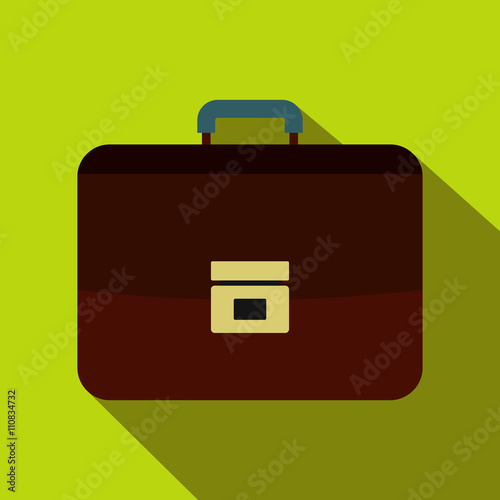 Brown business briefcase icon, flat style