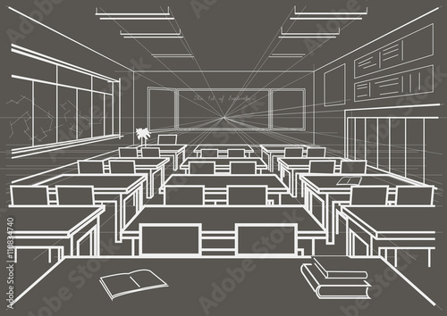 linear architectural sketch interior school classroom on gray background