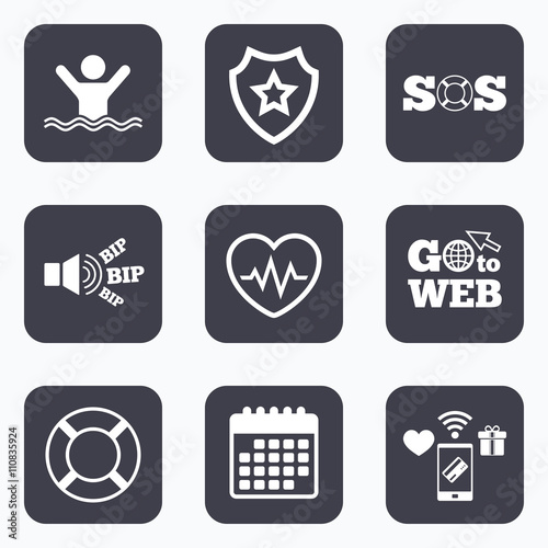 SOS lifebuoy icon. Heartbeat cardiogram.