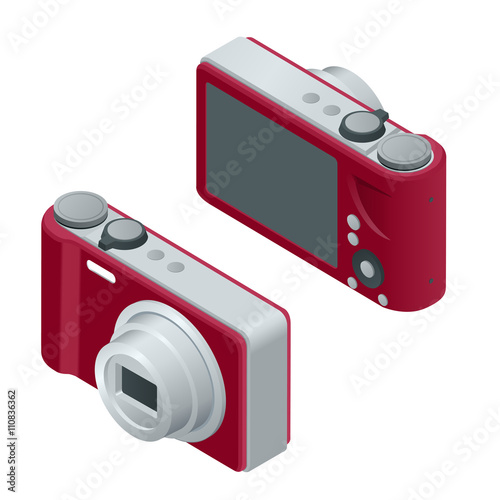 Digital photo camera. SLR camera.  The objects are isolated against the white background and shown from different sides. Flat 3d vector isometric illustration.