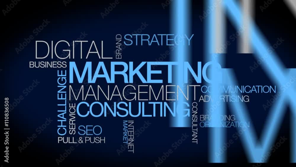 Digital Marketing web management blue words tag cloud animation 