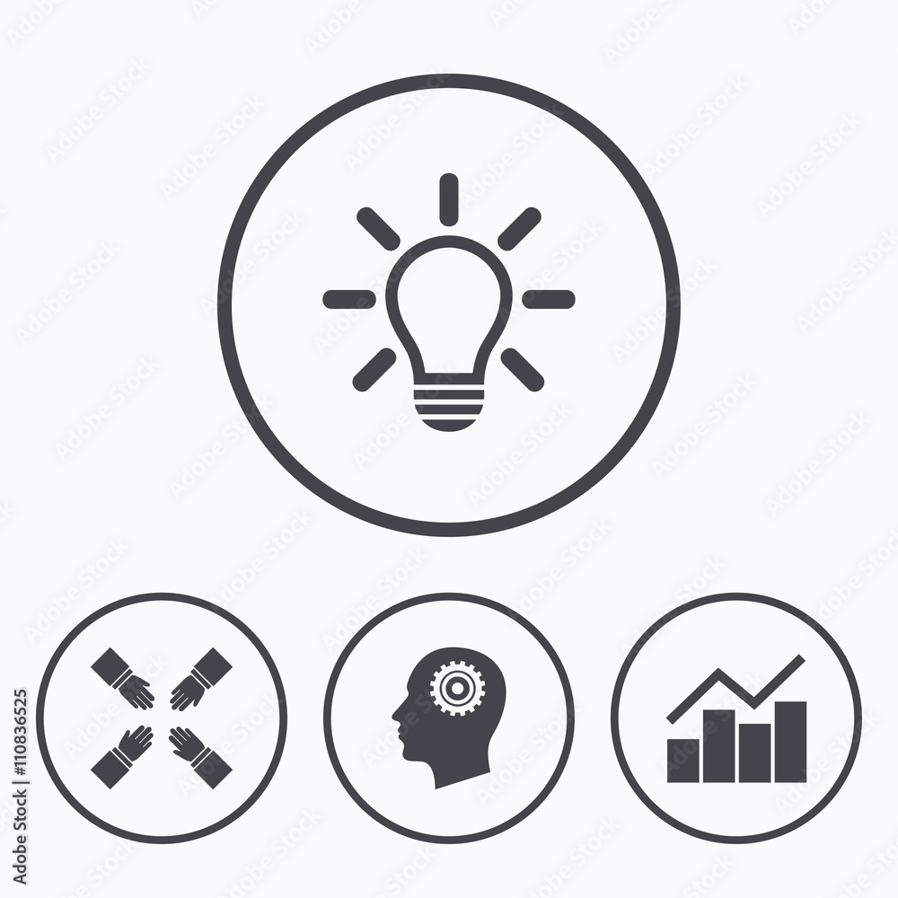 Lamp idea. Graph chart diagram. Head with gear. Lamp idea. Graph chart diagram. Head with gear.