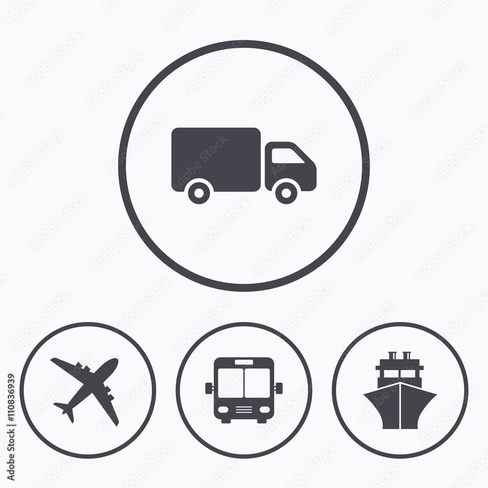 Transport icons. Truck, Airplane, Bus and Ship. Transport icons. Truck, Airplane, Bus and Ship.