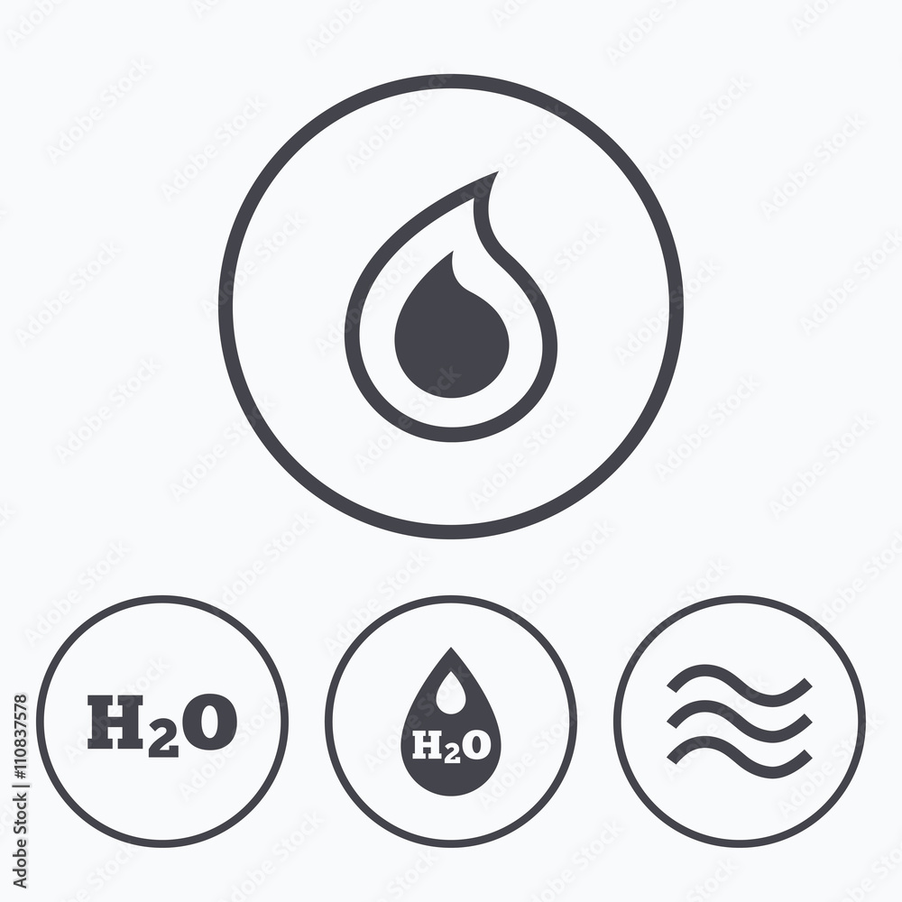 H2O Water drop icons. Tear or Oil symbols. H2O Water drop icons. Tear or Oil symbols.