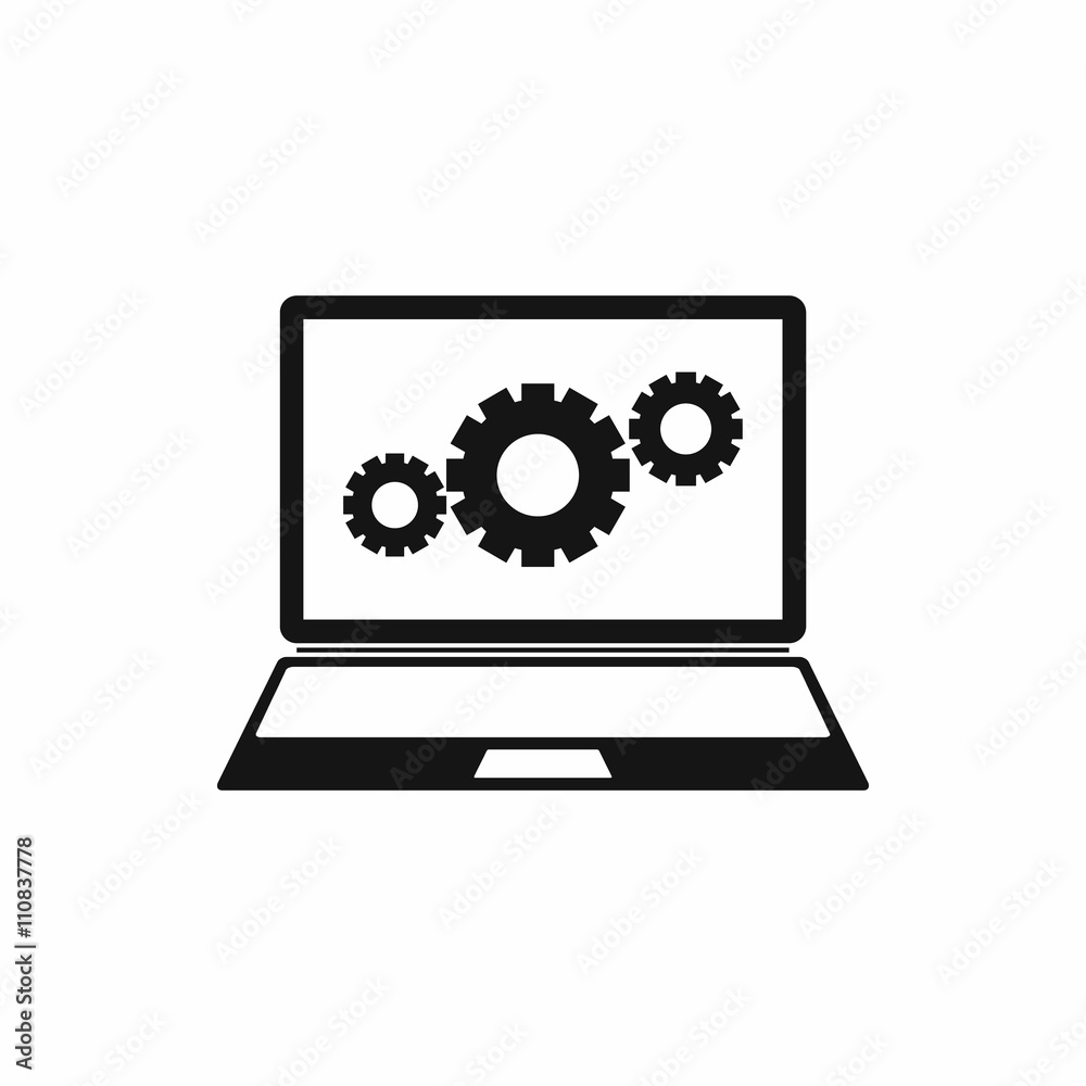 Laptop with gears icon, simple style Laptop with gears icon, simple style