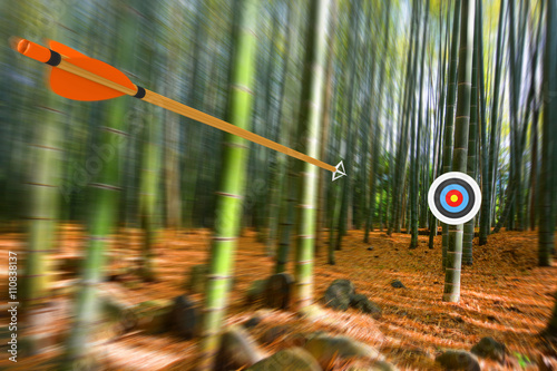 Arrow moving through air to target with radial motion blur, part photo, part 3D rendering