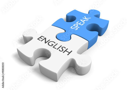 Two connected puzzle pieces with the words speak and English, 3D rendering photo