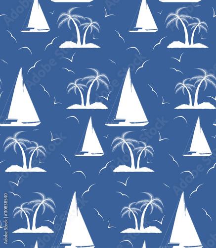 A seamless repeating pattern of palm trees and sailing ships.Vec