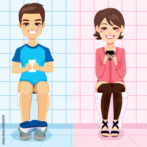 Man and woman texting with smartphone sending messages and communicating online while using toilet