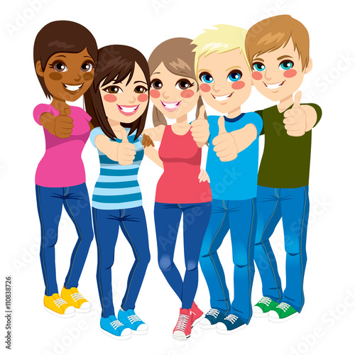 Five happy young teenagers standing and making positive thumbs up gesture