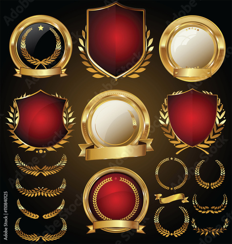 Vector medieval golden shields laurel wreaths and badges collection