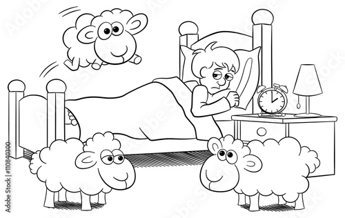 Schafe springen über das Bett eines schlaflosen Mannes 