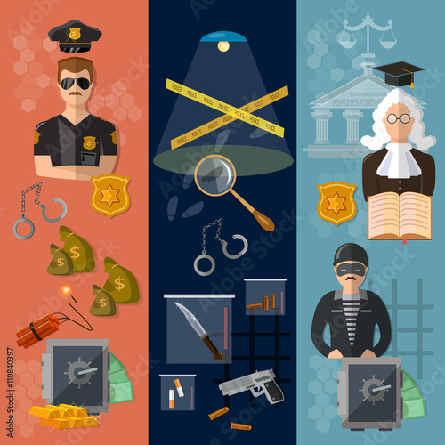 Justice system banner crime and punishment judge in court