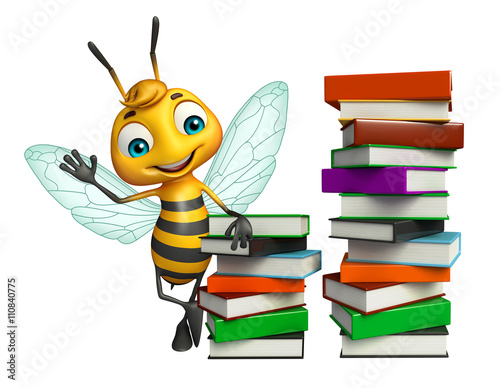 fun Bee cartoon character with book stack