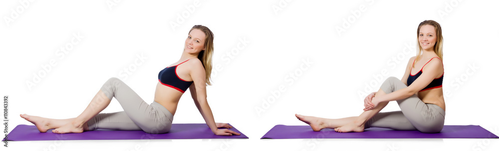 Young female doing exercises on white