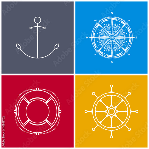 Icons Anchor, Compass Rose, Lifebuoy, Ship's Wheel, Set of Multicolored Maritime Icons for Web Design, Vector Illustration