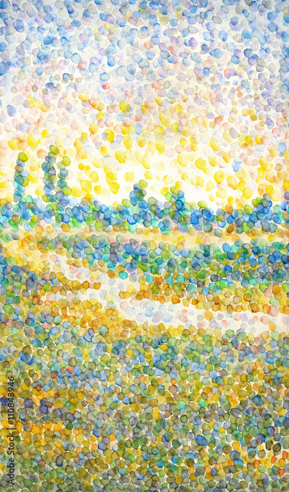 Watercolor landscape in style of pointillism