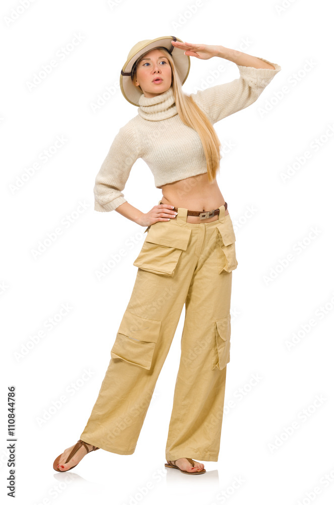 Pretty woman in beige trousers isolated on white Pretty woman in beige trousers isolated on white