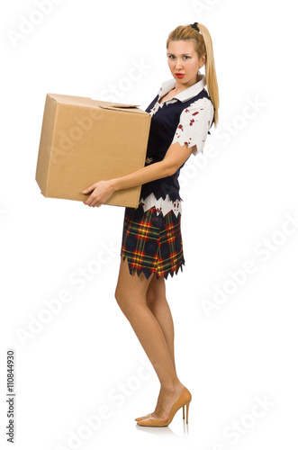 Woman with cardboard box isolated on white