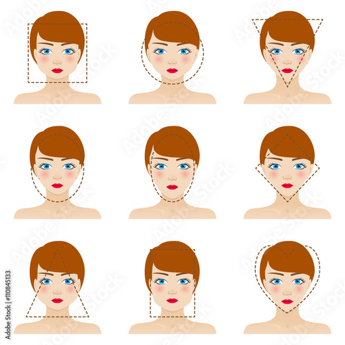 Different woman's face shapes set. Nine icons. Girls with blue eyes, red lips and brown hairs. Colorful vector illustration.