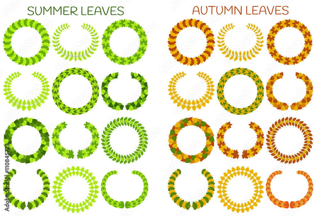 Foliate wreaths set.  Autumn and summer leaves. Vector illustration.