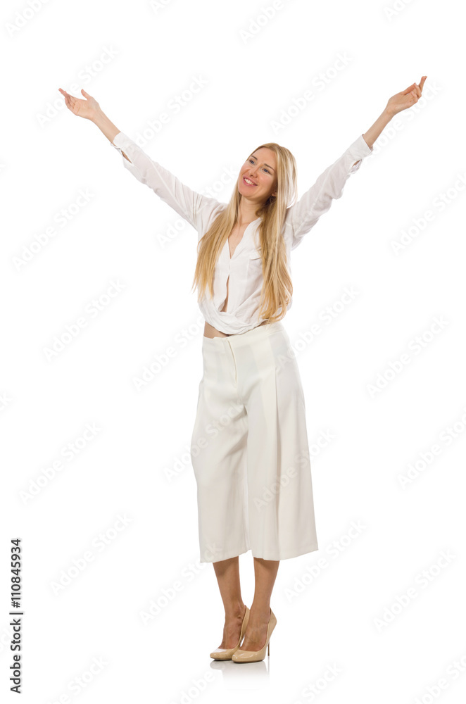 Blond hair model in elegant flared pants isolated on white Blond hair model in elegant flared pants isolated on white