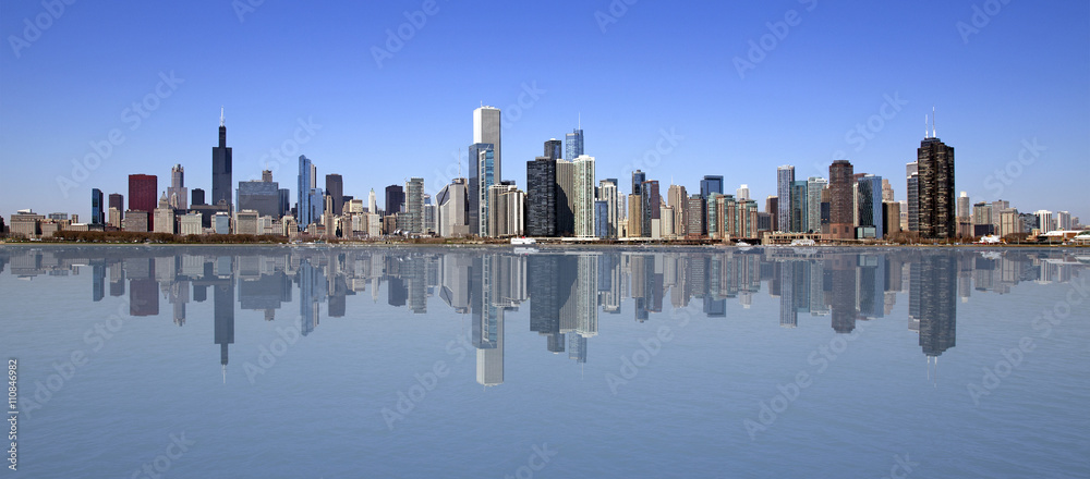 View of Chicago with reflection on the water