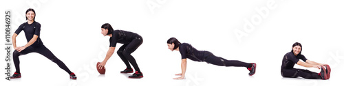 Young man doing exercises on white