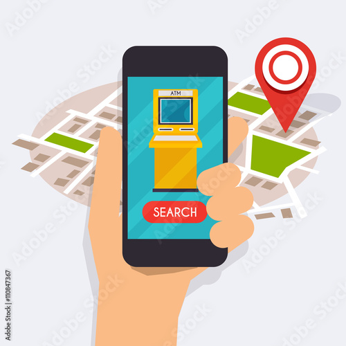 Hand holding mobile smart phone with mobile app atm search. Vect