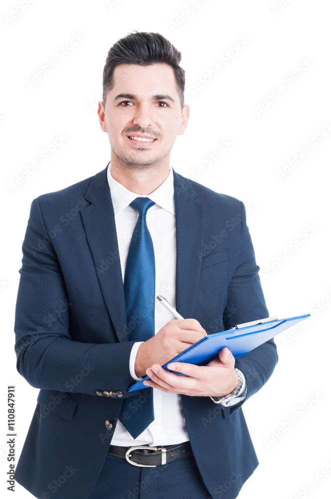 Portrait of cheerful salesman with clipboard taking notes Portrait of cheerful salesman with clipboard taking notes