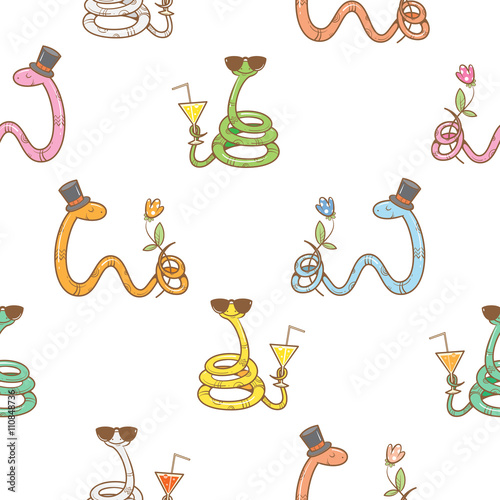 Seamless pattern with cute cartoon snakes in sunglasses with cocktail on a white background. Vector image.