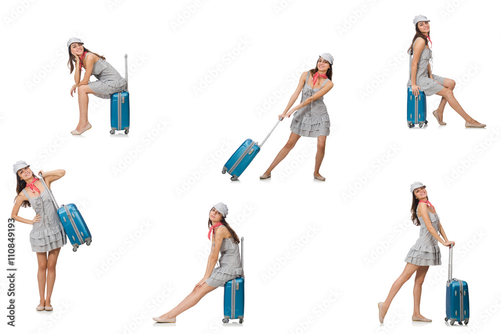 Naklejka premium Travelling woman with suitcase isolated on white