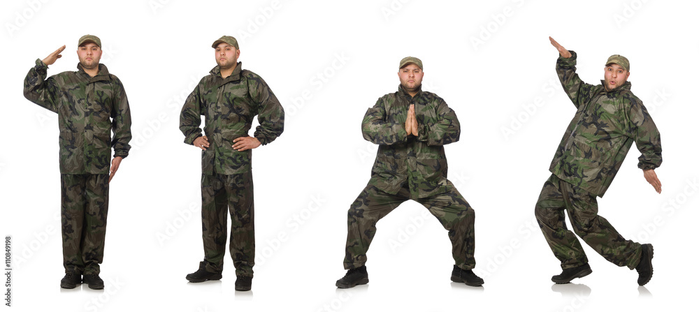 Fototapeta premium Young man in soldier uniform isolated on white