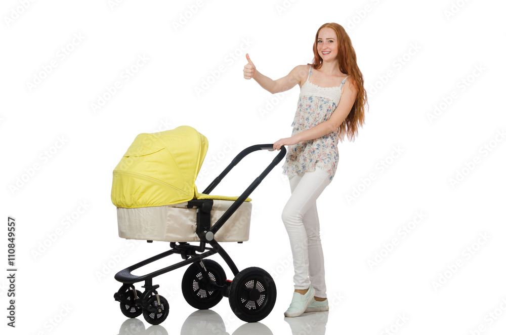 Woman with baby and pram isolated on white Woman with baby and pram isolated on white