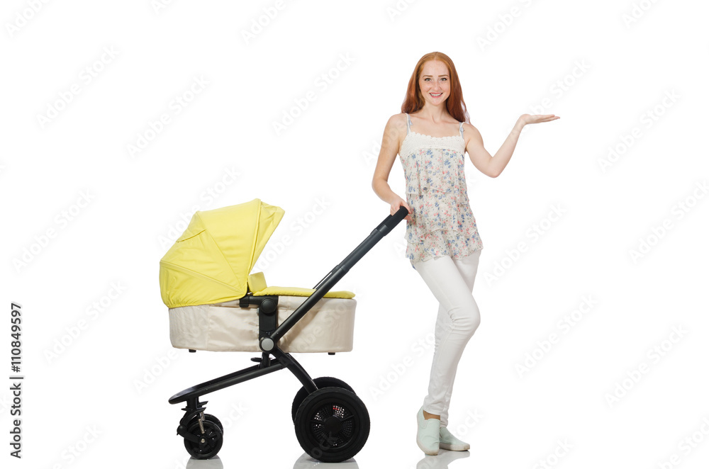 Woman with baby and pram isolated on white Woman with baby and pram isolated on white